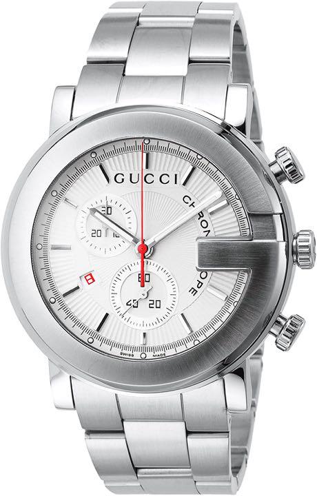 Gucci YA101339 stainless steel men's watch with white dial and red chronograph hands