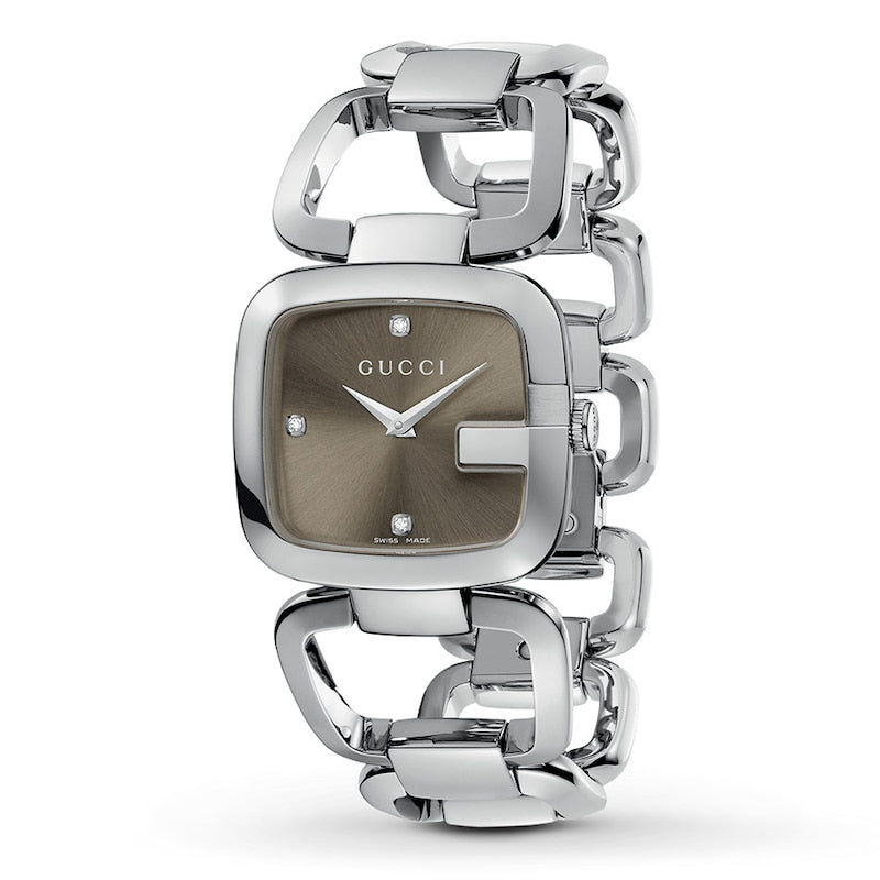 Gucci YA125401 watch three-quarter view showing silver bracelet and brown dial