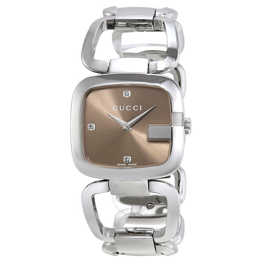 Gucci YA125401 dial close-up showing brown face with diamond indices and hands