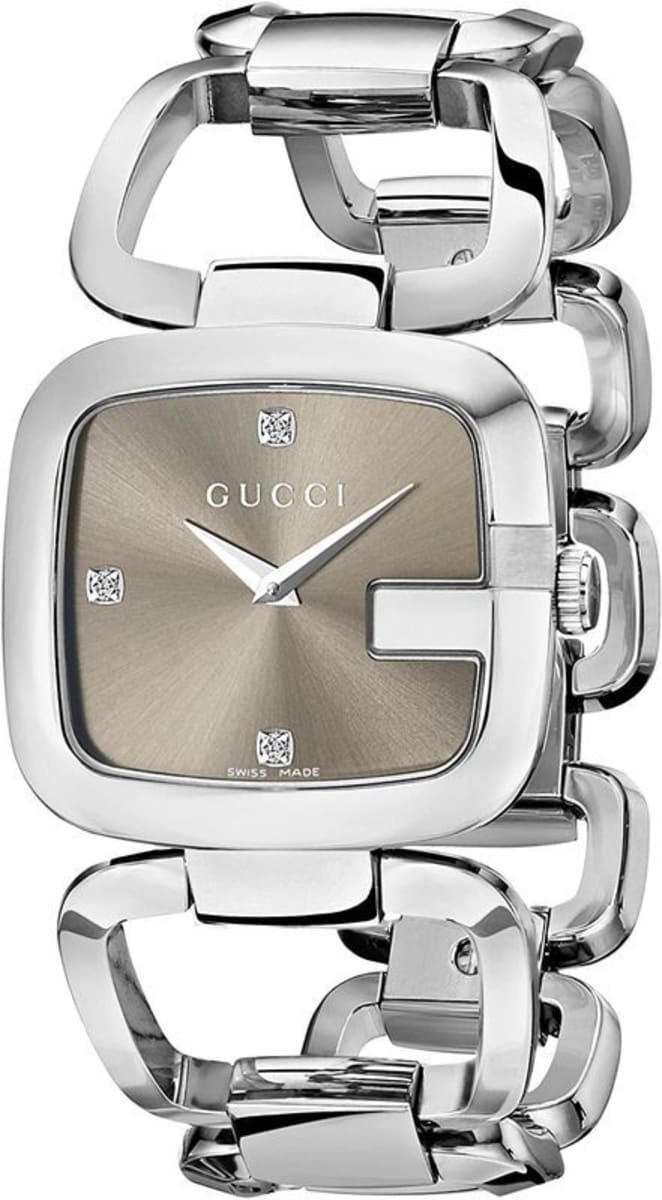 Gucci YA125401 G-Gucci silver watch with brown dial and diamond hour markers