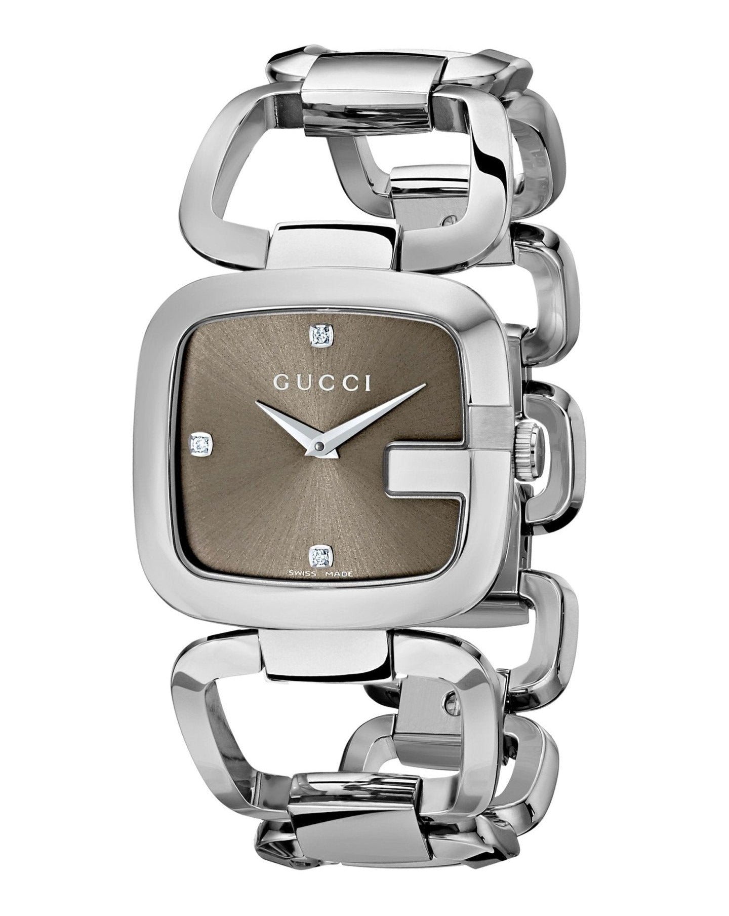 Gucci YA125401 G-Gucci ladies watch full body view with stainless steel bracelet