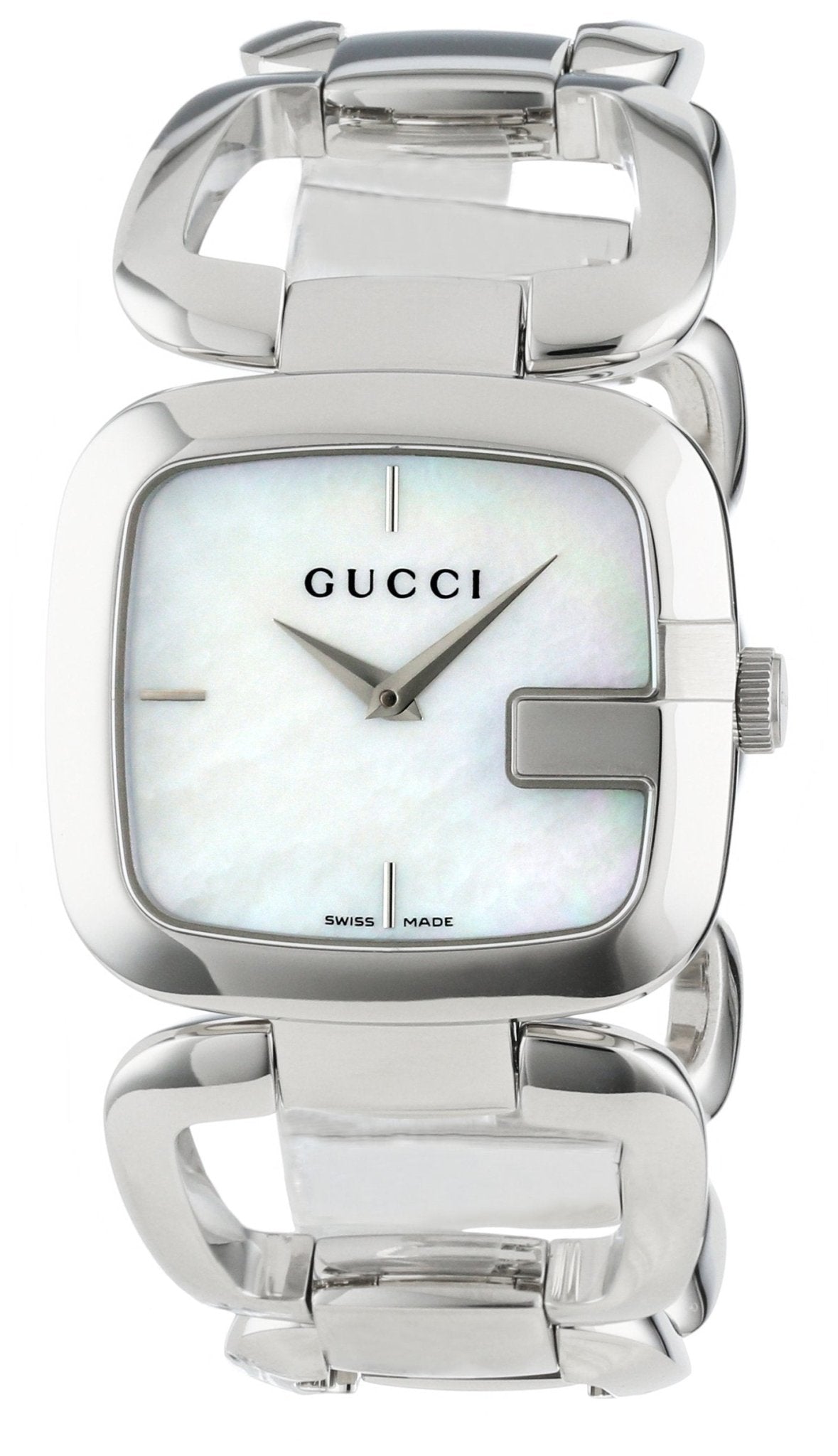 Gucci YA125404 G-Class watch side profile view with stainless steel bracelet
