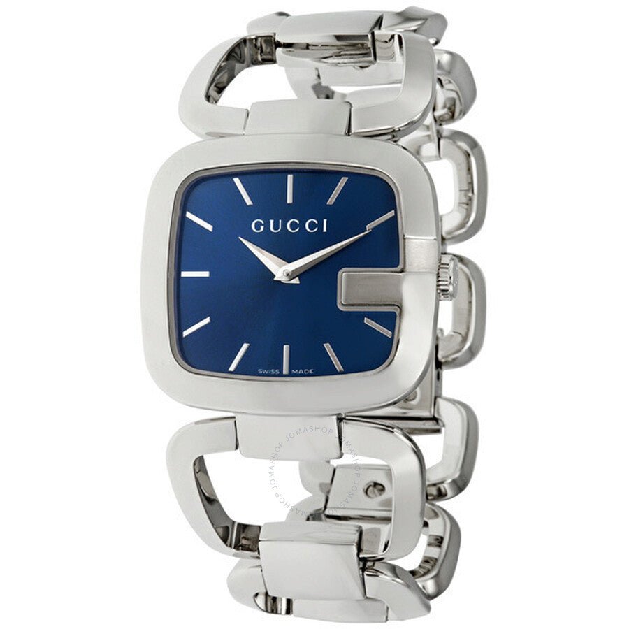 Gucci YA125405 women's watch at angle showing square case and metal bracelet