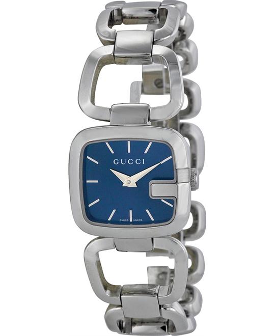 Gucci YA125405 square watch case with dark blue dial and metal link bracelet