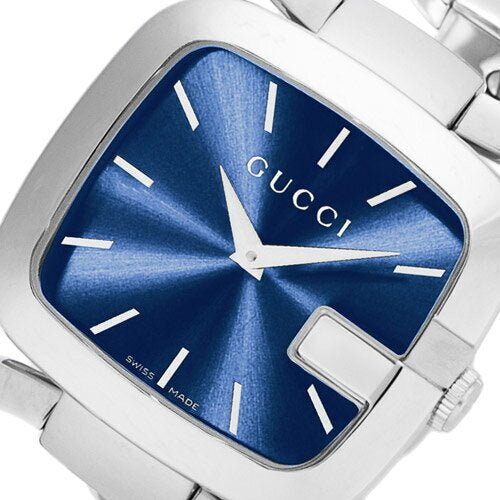 Close-up detail of Gucci YA125405 dark blue sunburst dial with white hour markers
