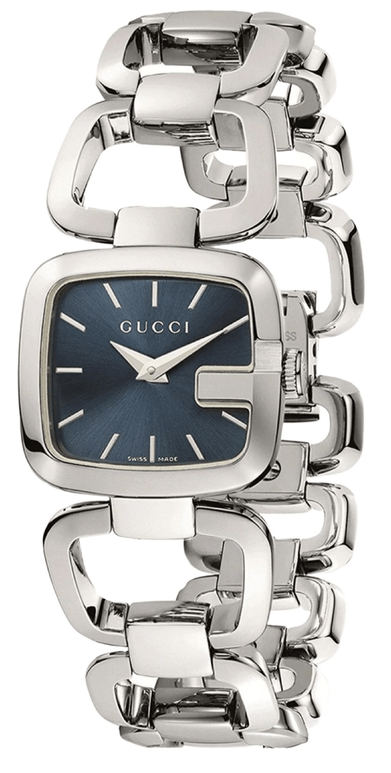 Women's Gucci YA125405 watch with dark blue dial and stainless steel bracelet front view