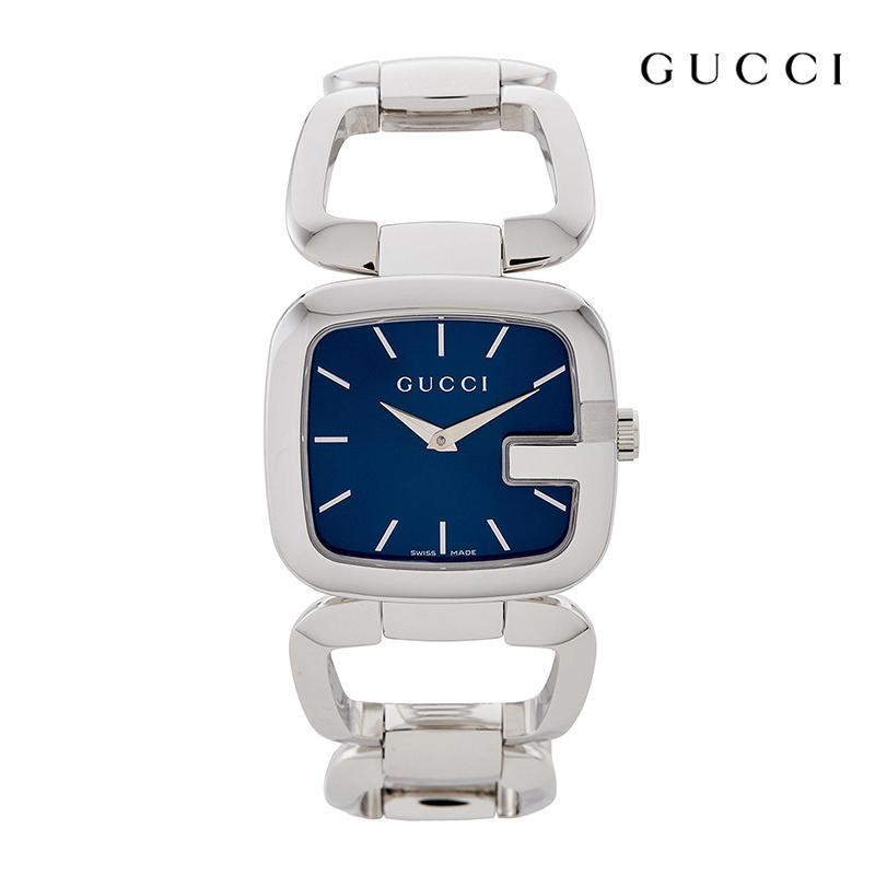Gucci YA125405 women's watch front view with stainless steel case and dark blue dial