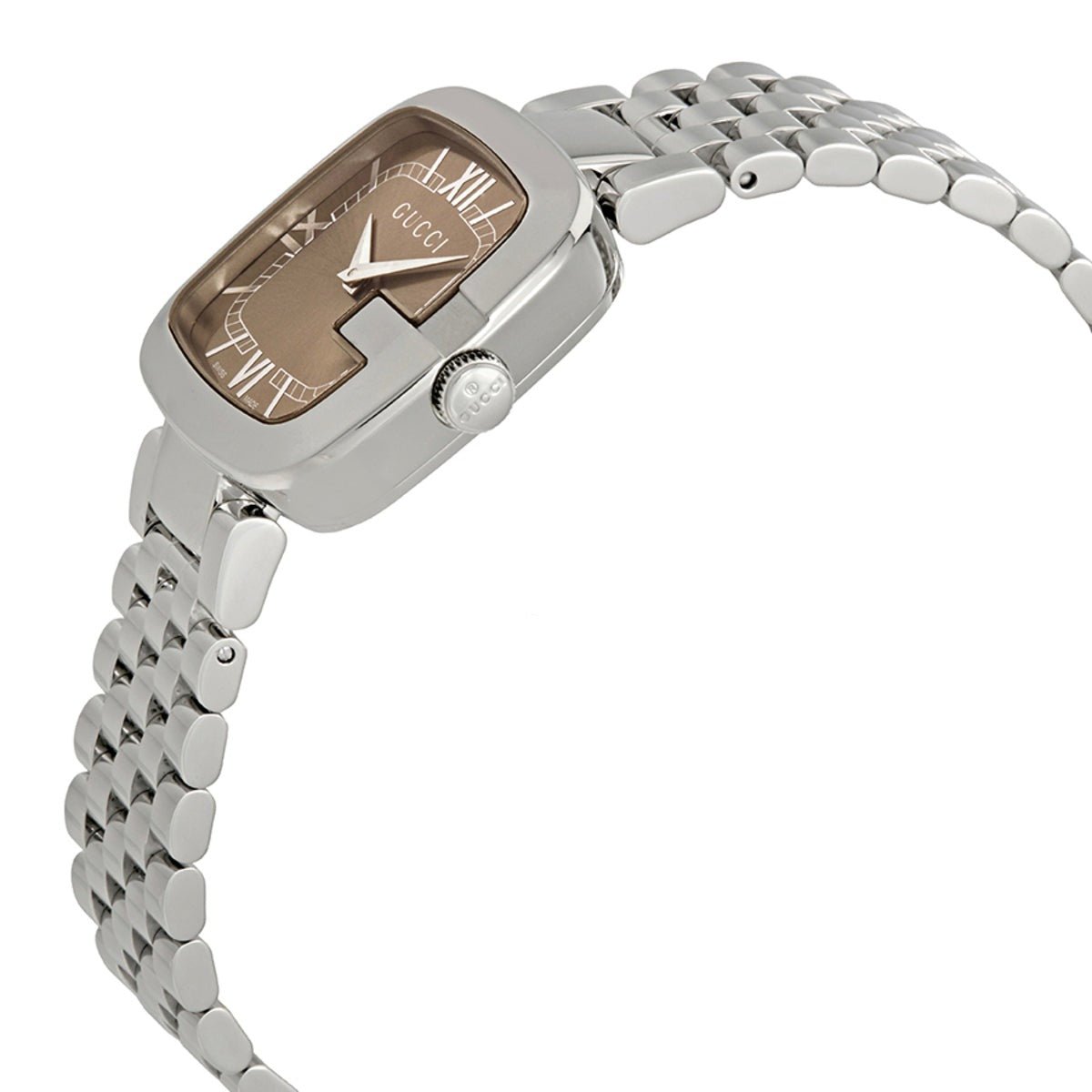 Gucci YA125413 watch angled view showing brown dial and silver-tone bracelet band