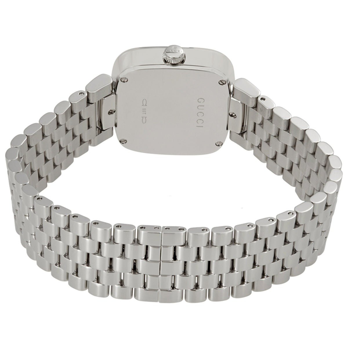 Gucci YA125413 watch caseback showing engraved branding and stainless steel construction