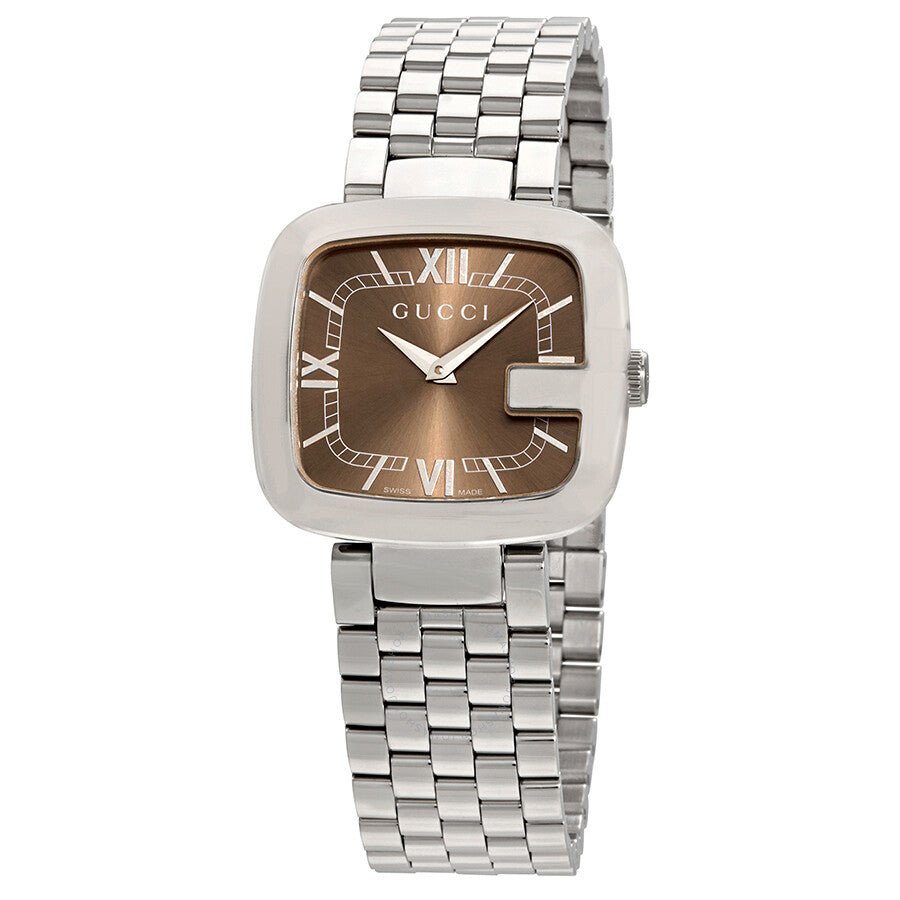 Gucci G-Gucci 32mm women's watch with brown dial, silver-tone stainless steel case and bracelet