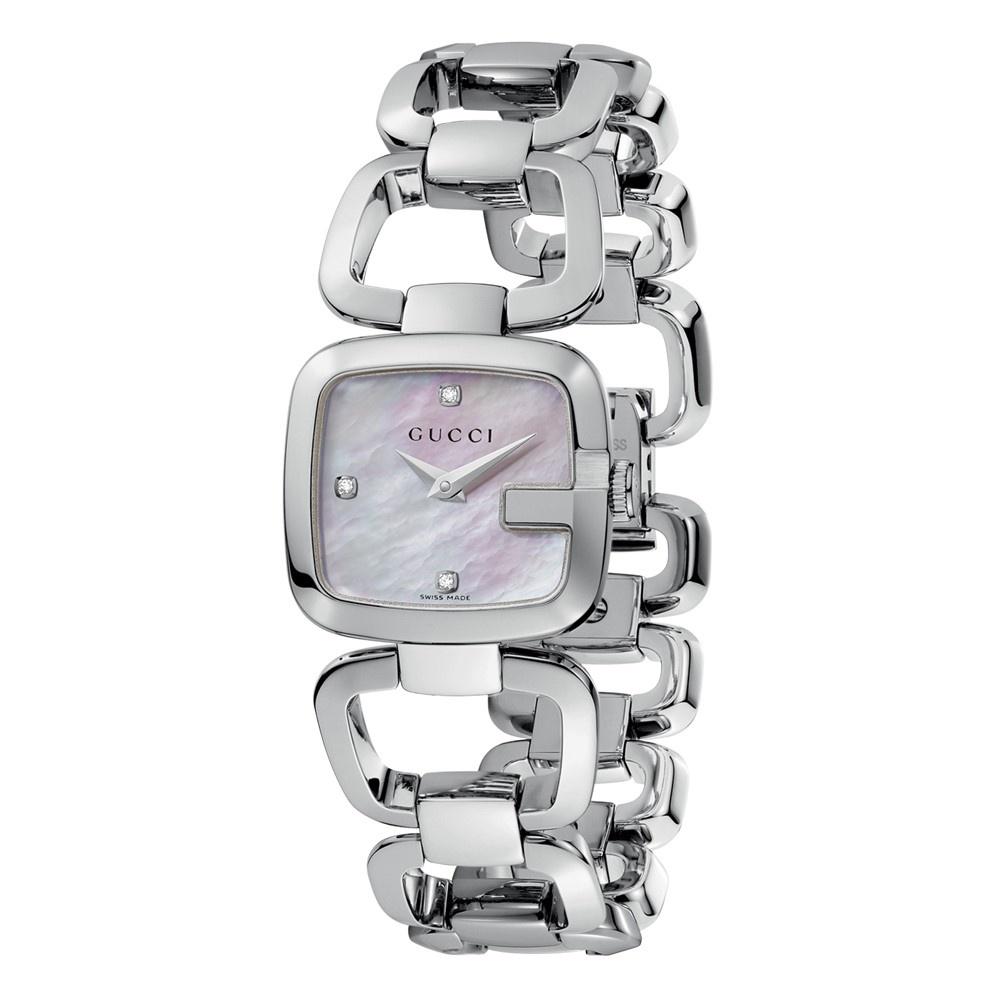 Gucci YA125502 watch angled view showing mother of pearl dial and stainless steel bracelet