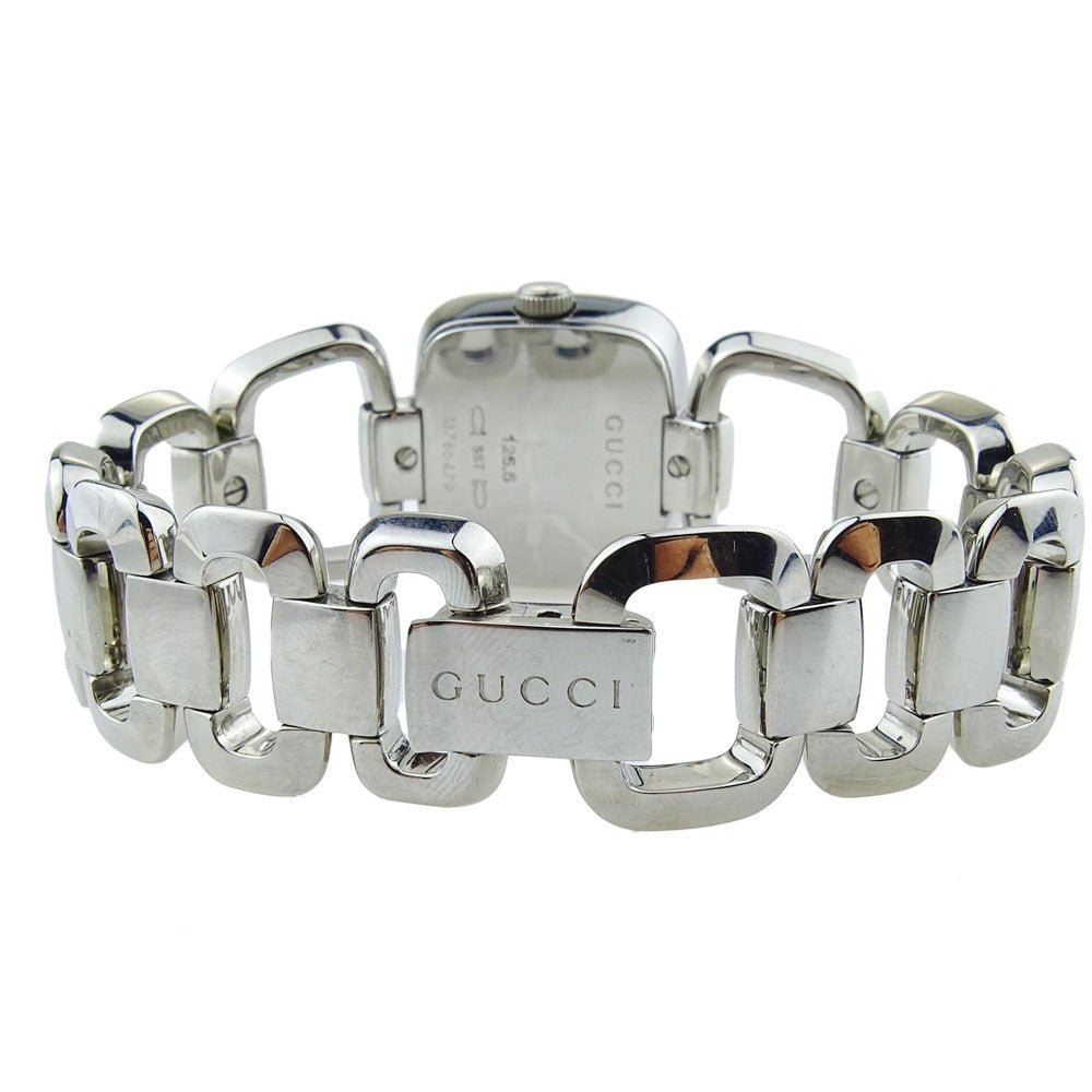 Gucci YA125502 watch back detail showing Gucci engraving and serial information