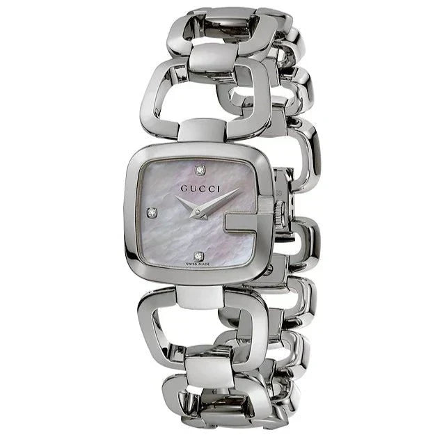 Gucci YA125502 square face watch with mother of pearl dial and stainless steel bracelet