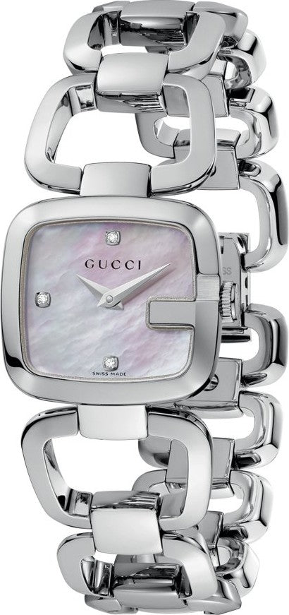Gucci YA125502 watch with mother of pearl dial, stainless steel case, and chunky link bracelet front view