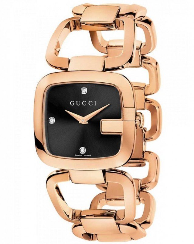 Gucci G rose gold ladies watch with black dial, rose gold square case and G-link bracelet