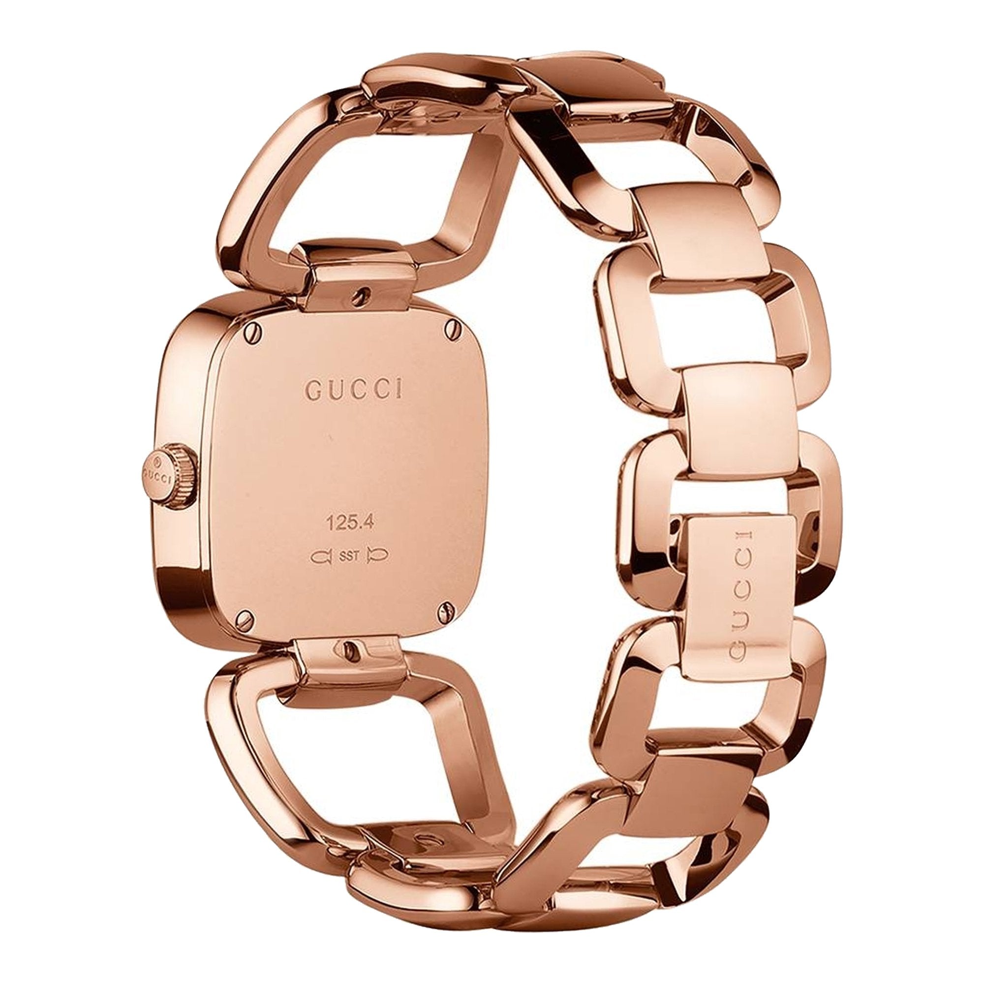 Gucci G rose gold ladies watch bracelet detail showing link construction and GUCCI branding