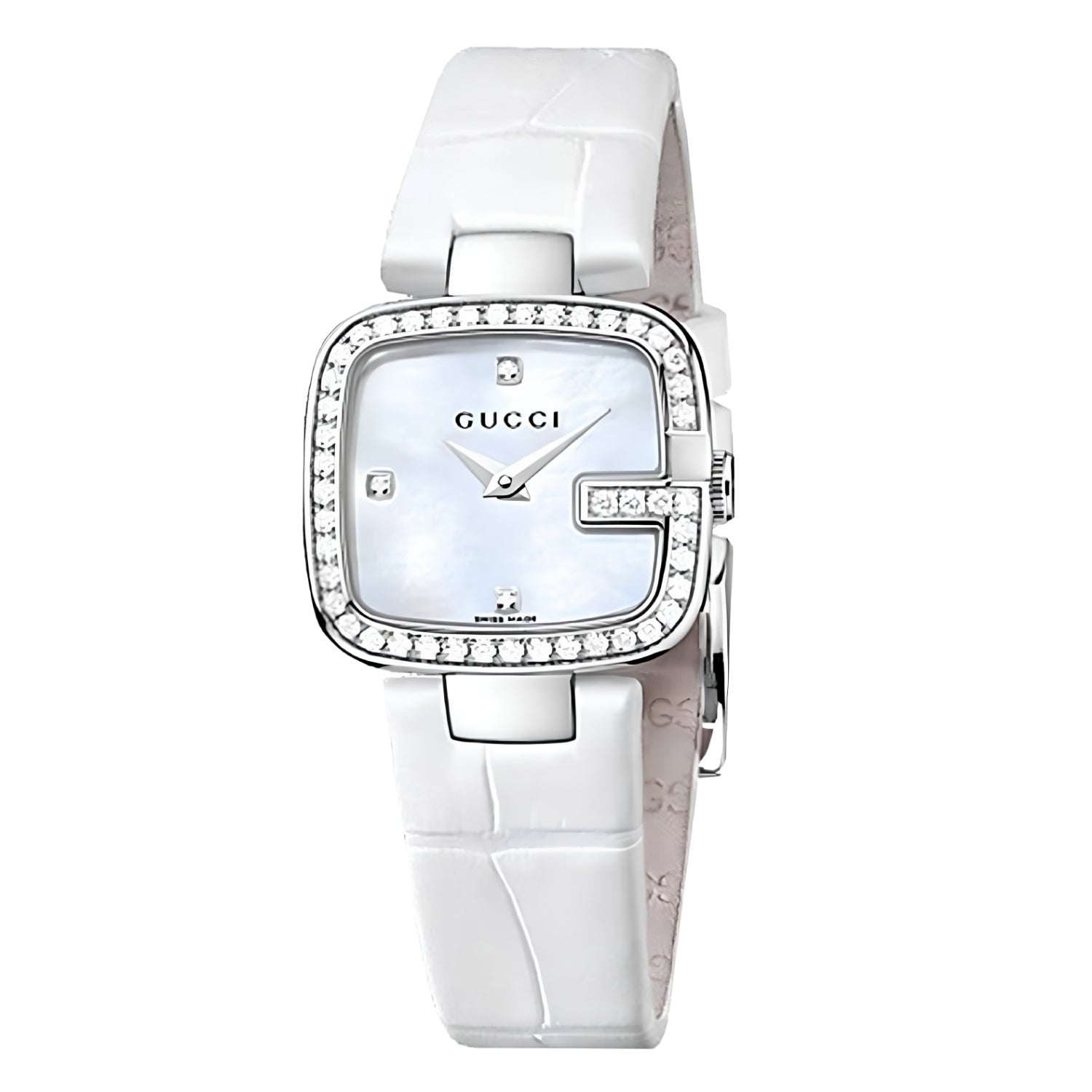 Gucci YA125514 women's watch with white pearl diamond dial, diamond bezel, and white leather strap