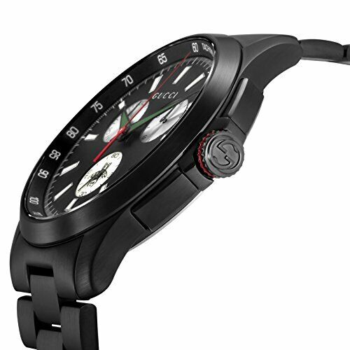 Gucci YA126268 watch shown from side angle with black bracelet and red crown detail