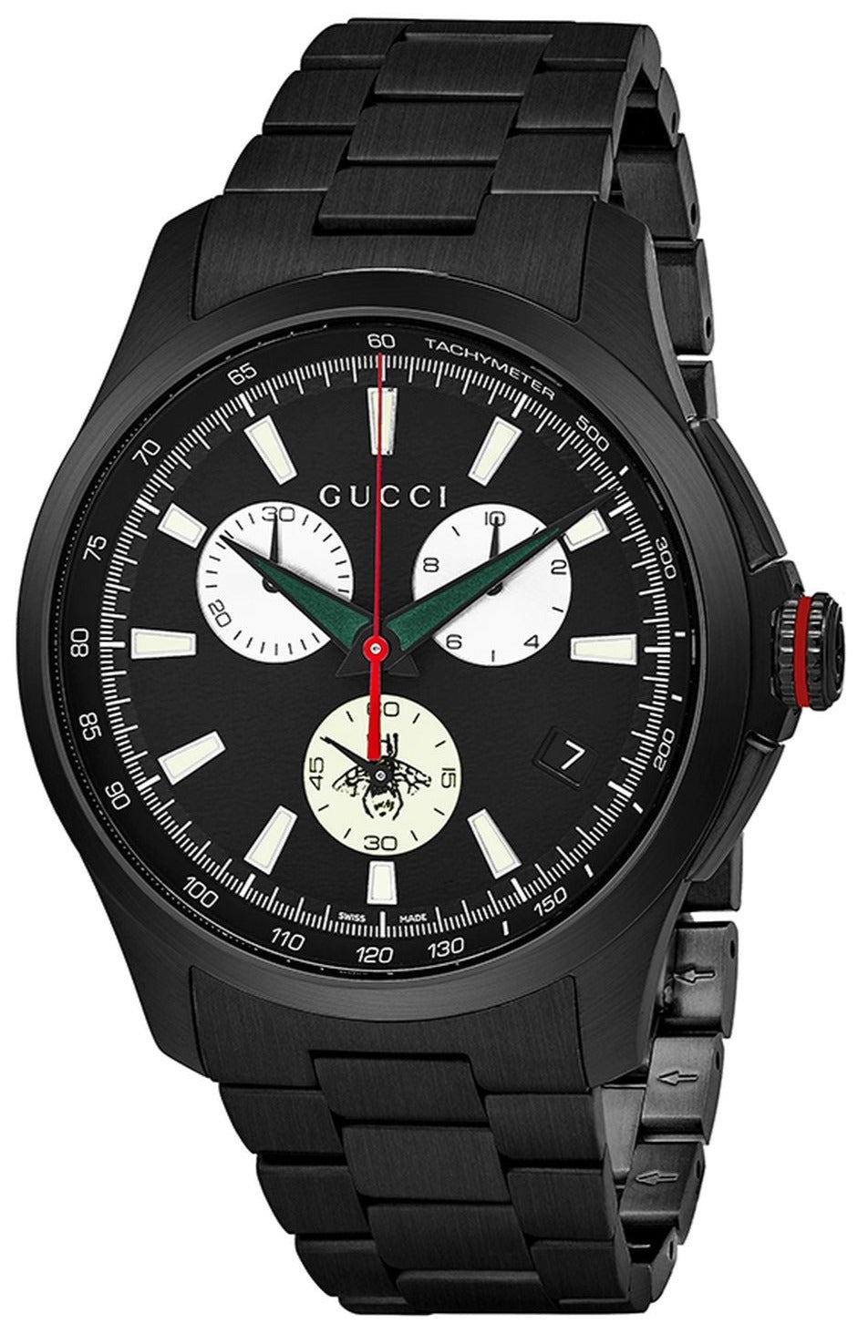 Gucci YA126268 black stainless steel chronograph watch with white dial subdials and red accents