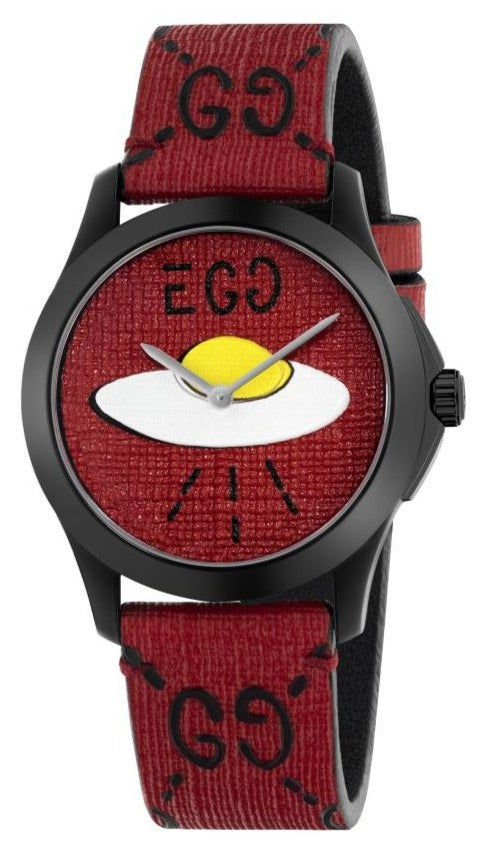 Gucci YA1264023 men's watch with red UFO dial, yellow eye, black case, and red GG strap