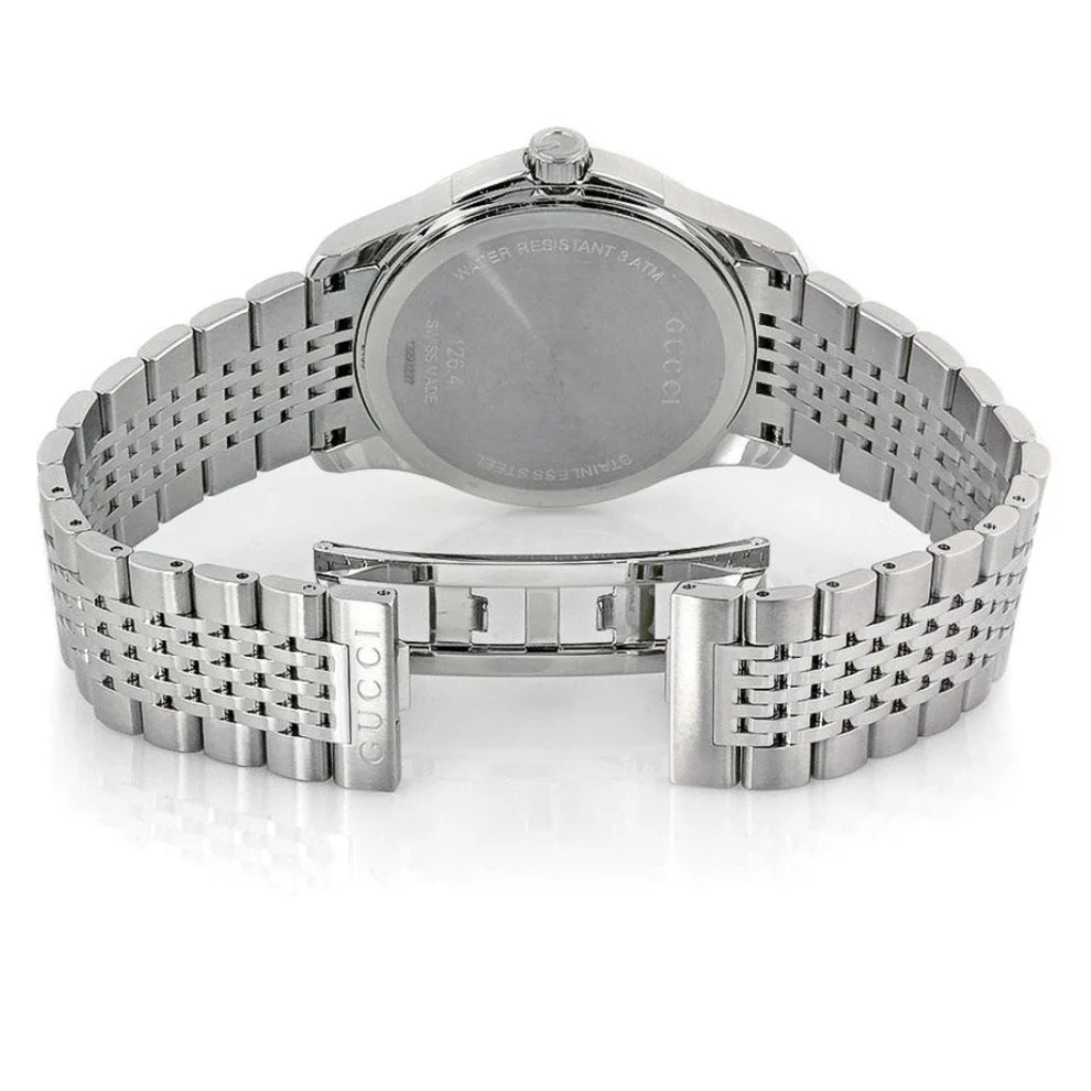 GUCCI G-Timeless men's watch rear view showing stainless steel caseback and bracelet closure