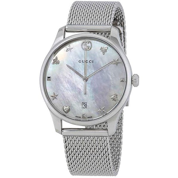 Gucci G-Timeless watch with mother of pearl dial and stainless steel mesh bracelet