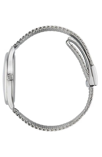 Stainless steel mesh bracelet with fold-over clasp on Gucci G-Timeless watch