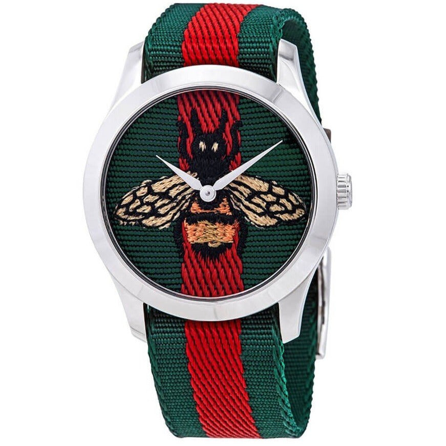 GUCCI Le Marche des Merveilles unisex watch with embroidered bee motif and Web striped fabric strap