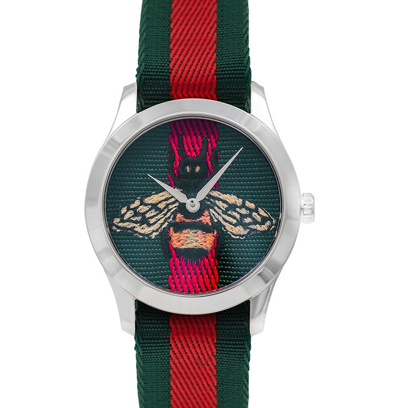 GUCCI Le Marche des Merveilles watch with embroidered bee and green-red Web striped band