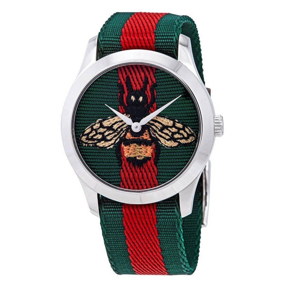 GUCCI Le Marche des Merveilles unisex watch with embroidered bee on green dial and Web striped strap