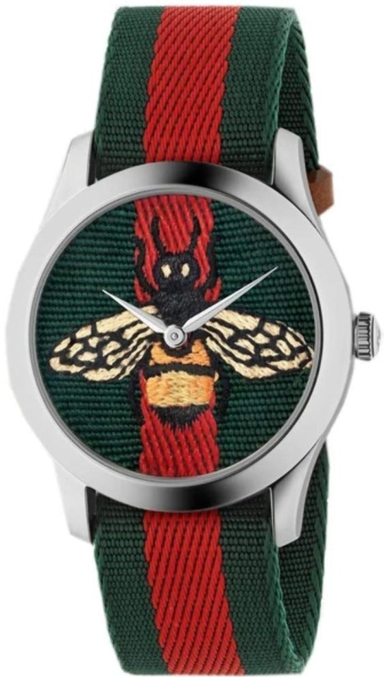 GUCCI Le Marche des Merveilles unisex watch with embroidered bee dial and green-red striped strap