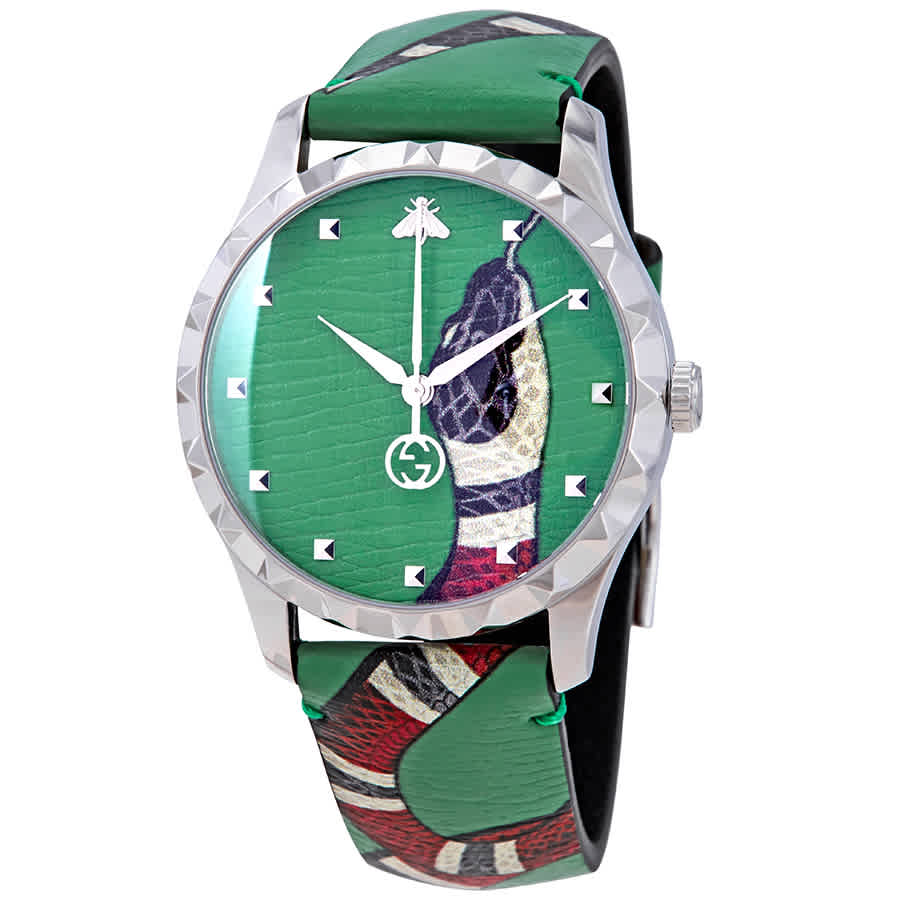 Gucci Le Marche Des Merveilles angled view showing kingsnake strap and green dial