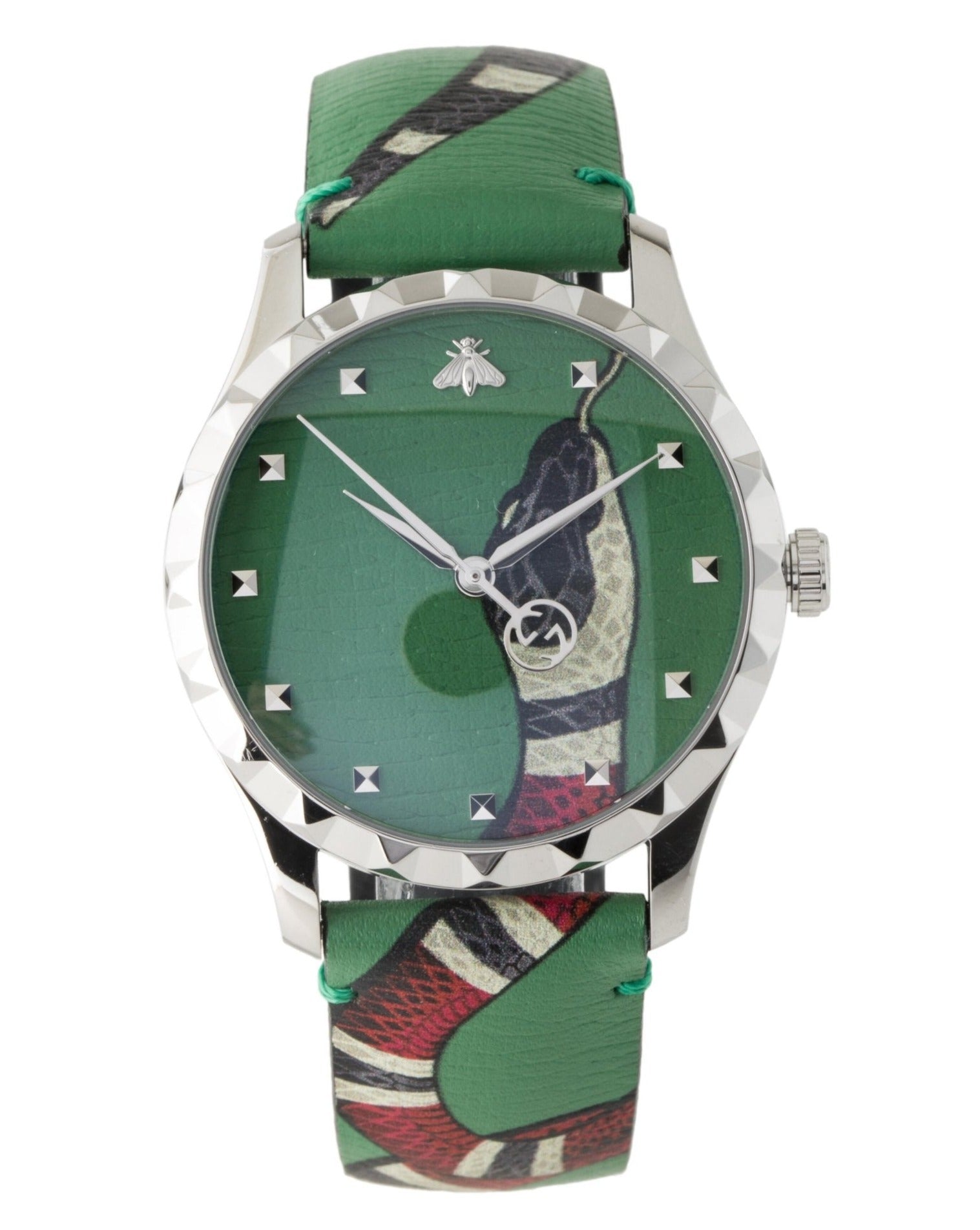 Gucci Le Marche Des Merveilles watch with white case, green dial, and kingsnake green strap