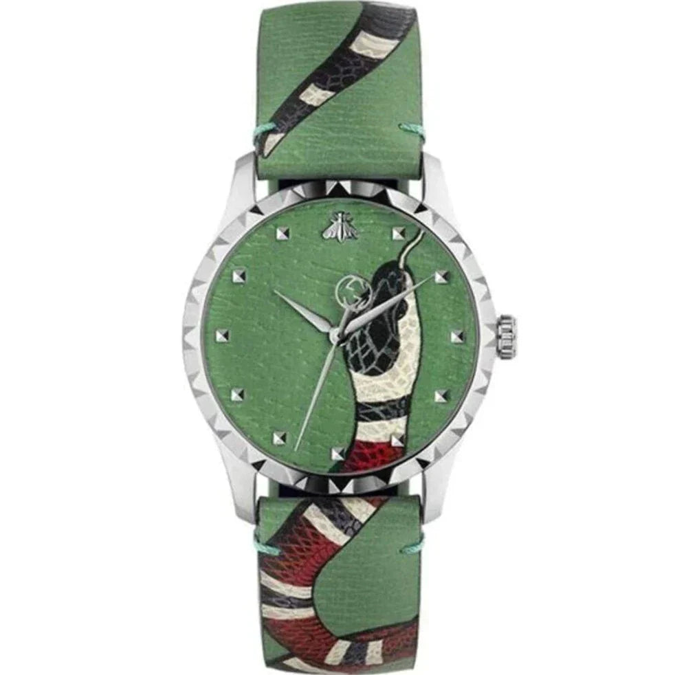 Gucci Le Marche Des Merveilles watch front facing with green dial and patterned strap