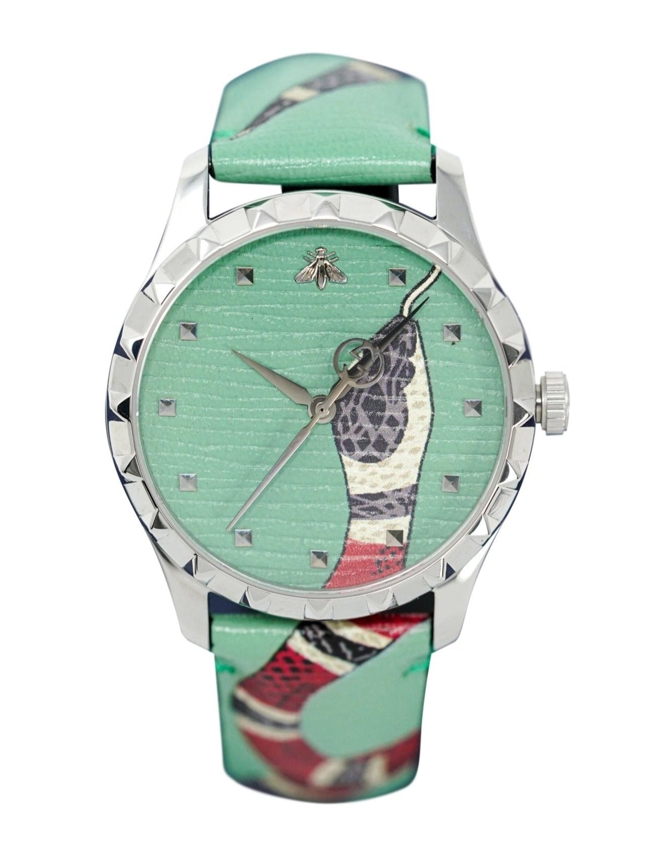 Gucci Le Marche Des Merveilles watch with pastel green dial and kingsnake print strap