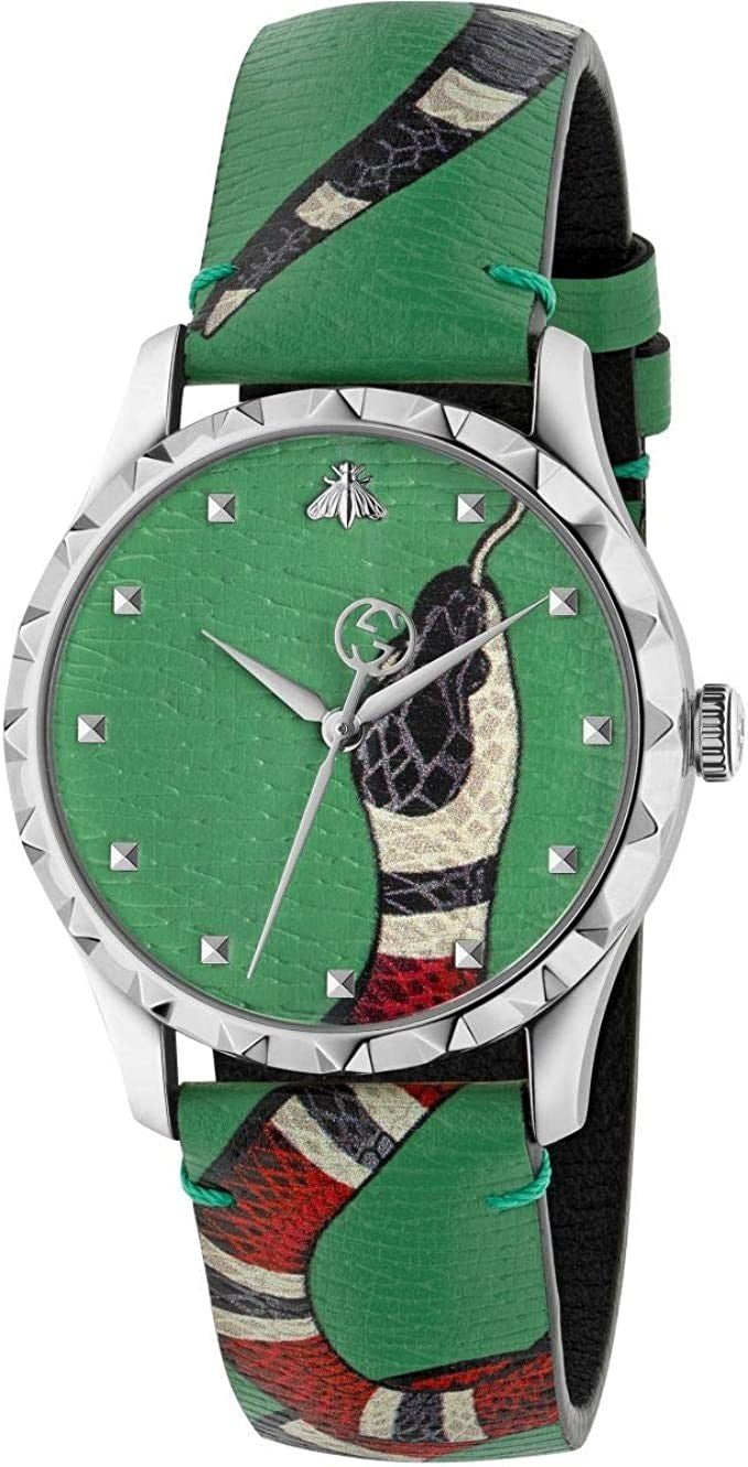 Gucci Le Marche Des Merveilles watch with green dial and kingsnake head print on green strap