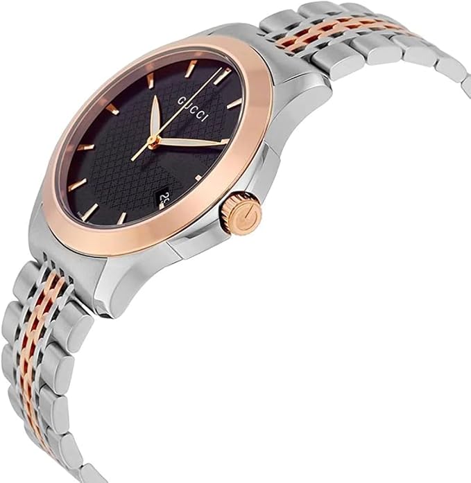 Gucci watch at angle showing black dial and two-tone rose gold and silver band