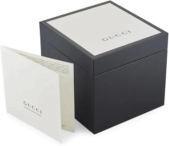 Gucci watch in black presentation box with white lid and documentation