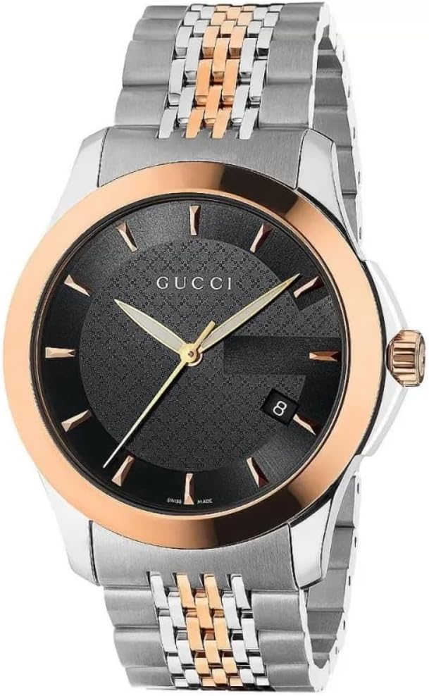 Gucci men's watch with black dial and two-tone metal band, rose gold bezel