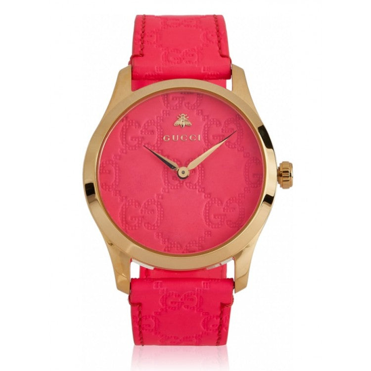 Gucci G Timeless watch showcasing three-quarter angle view with pink dial and strap