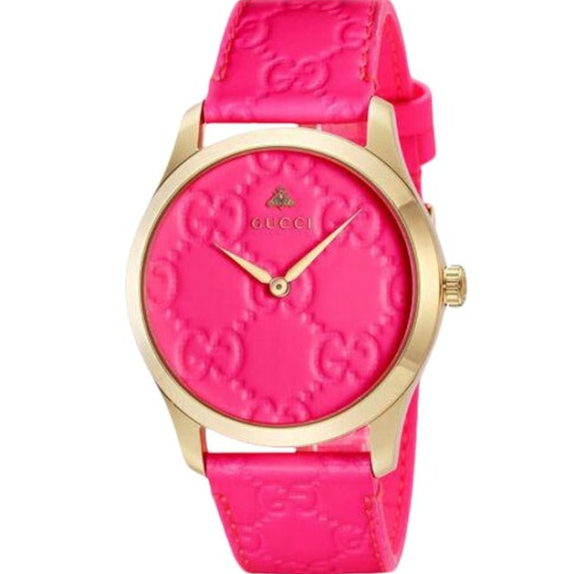 Gucci G Timeless women's watch with pink GG dial and gold-tone case