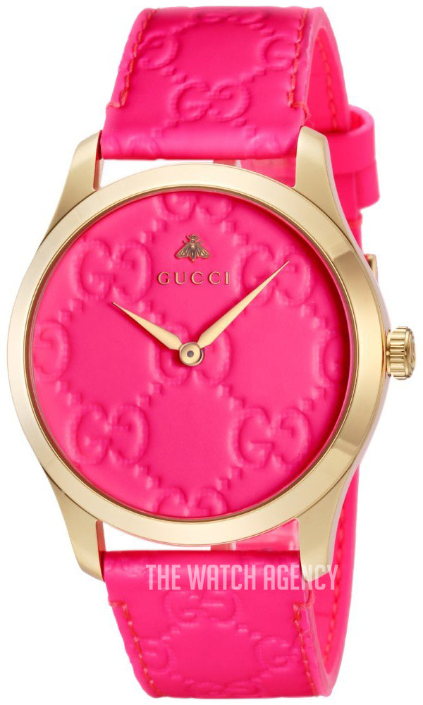 Gucci G Timeless quartz watch with pink GG-embossed dial and pink leather strap
