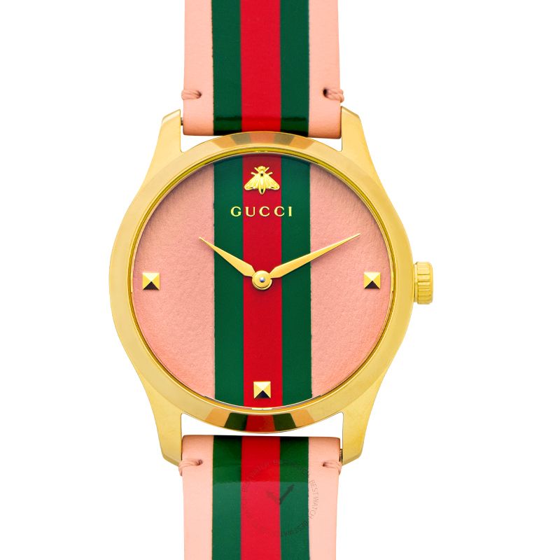 Gucci G-Timeless YA1264118 watch with gold case, pink dial, and green-red striped leather strap