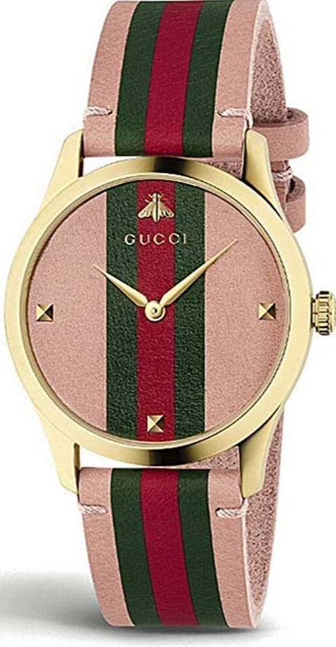 Gucci G-Timeless watch with pink dial, gold case, and striped green-red-pink leather strap