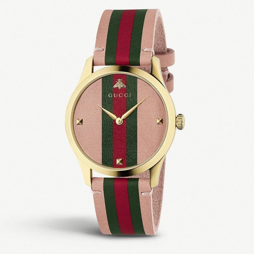 Gucci G-Timeless YA1264118 gold watch with pink dial and web striped leather band