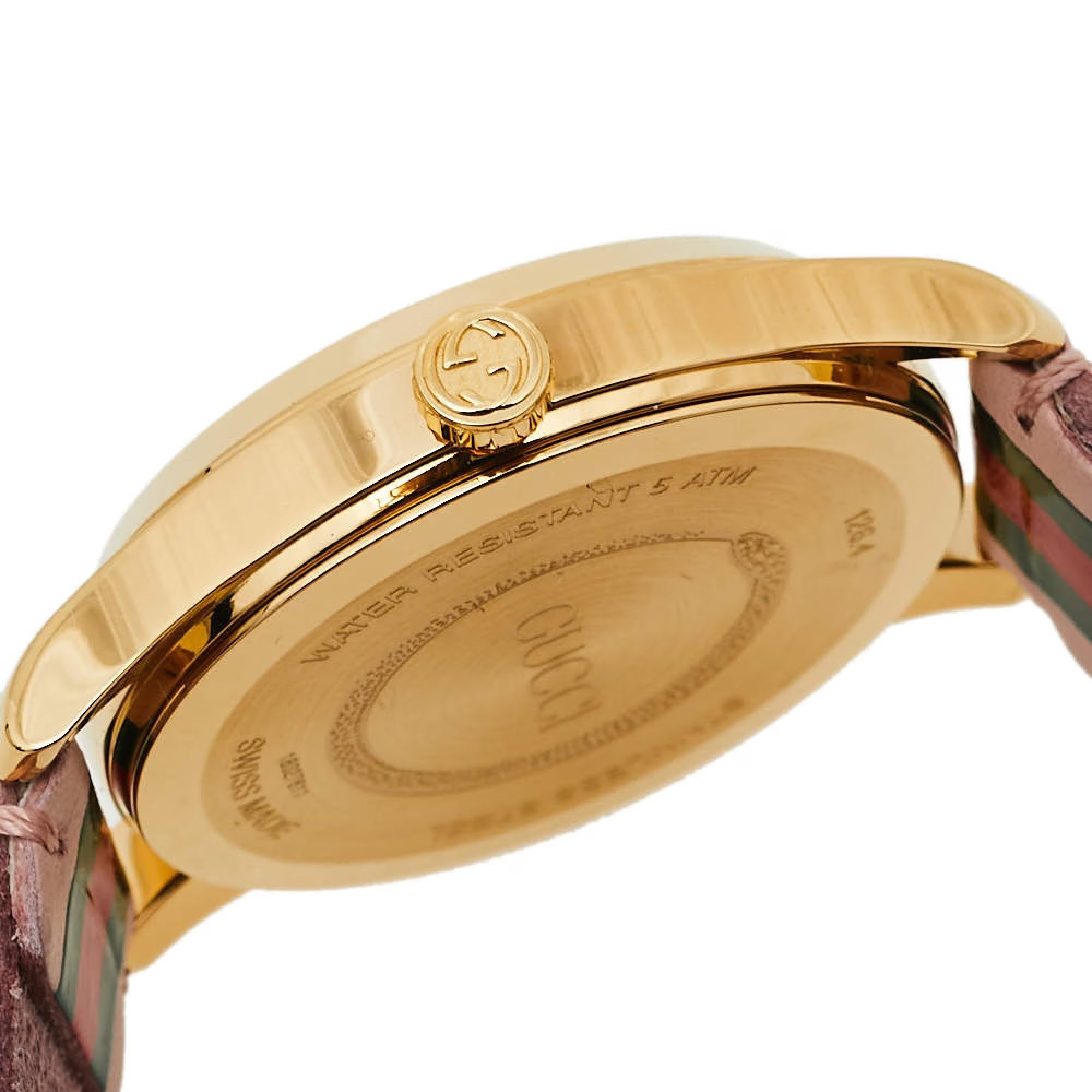 Gucci G-Timeless watch side view displaying gold case, crown, and leather strap