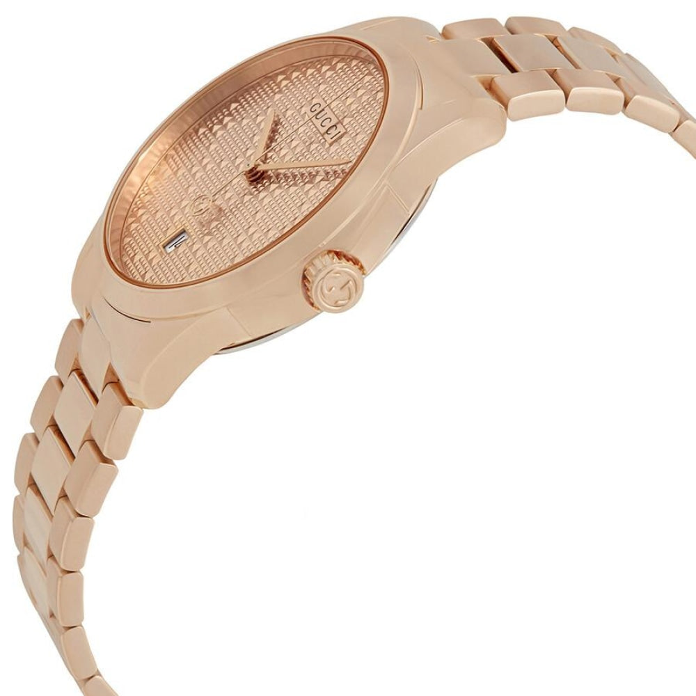 Gucci YA126482 G-Timeless rose gold quartz watch side profile with diamond dial
