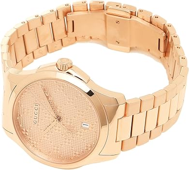 Gucci YA126482 G-Timeless rose gold watch worn on wrist showing full bracelet
