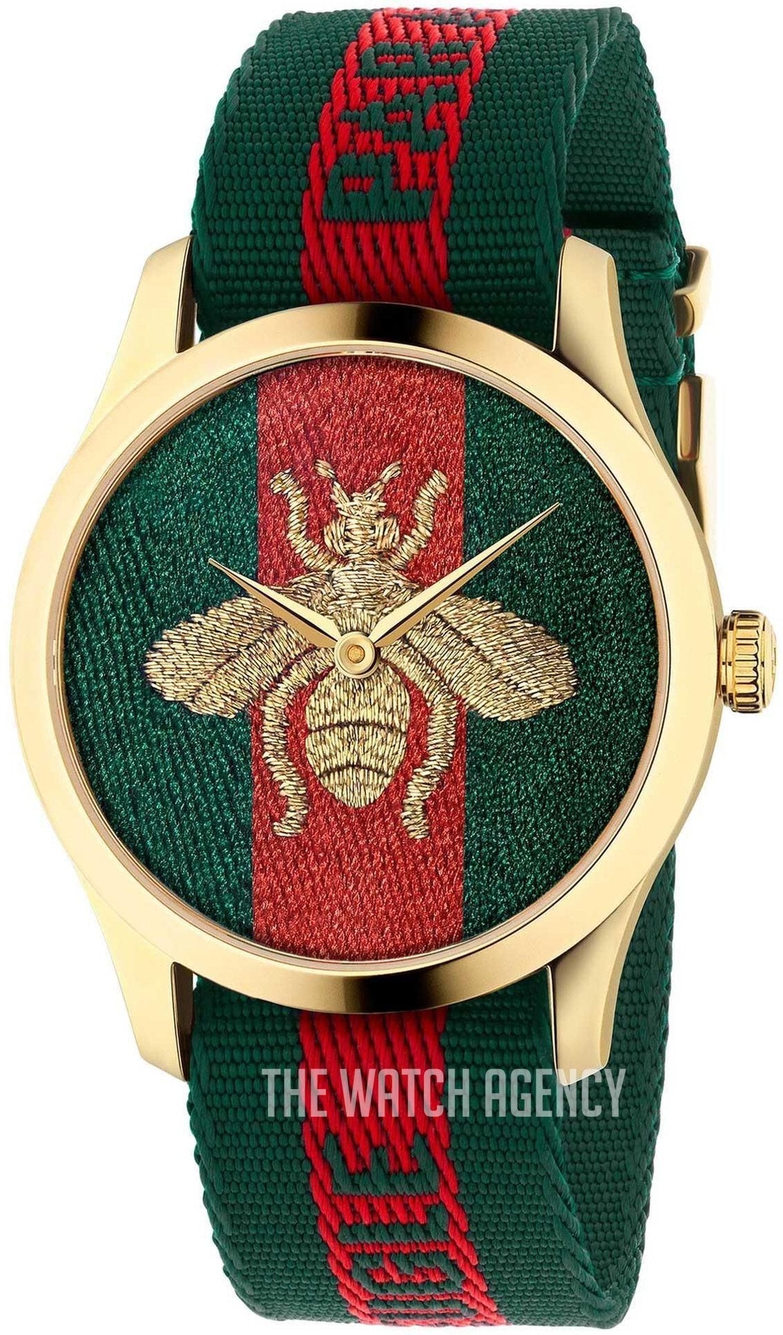 Gucci G-Timeless 38mm watch with gold case, green and red striped strap, and embroidered bee on dial