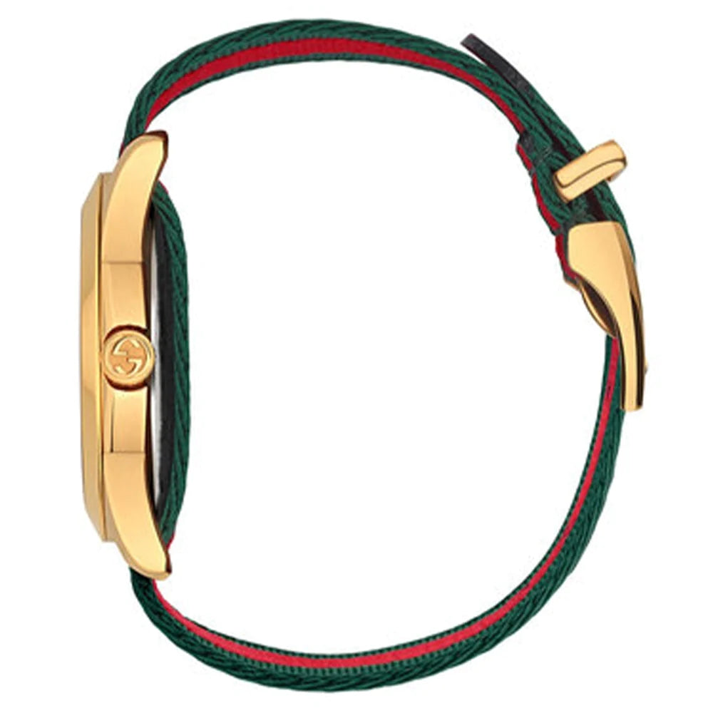 G-Timeless 38mm watch side profile with gold case, crown detail, and fabric strap